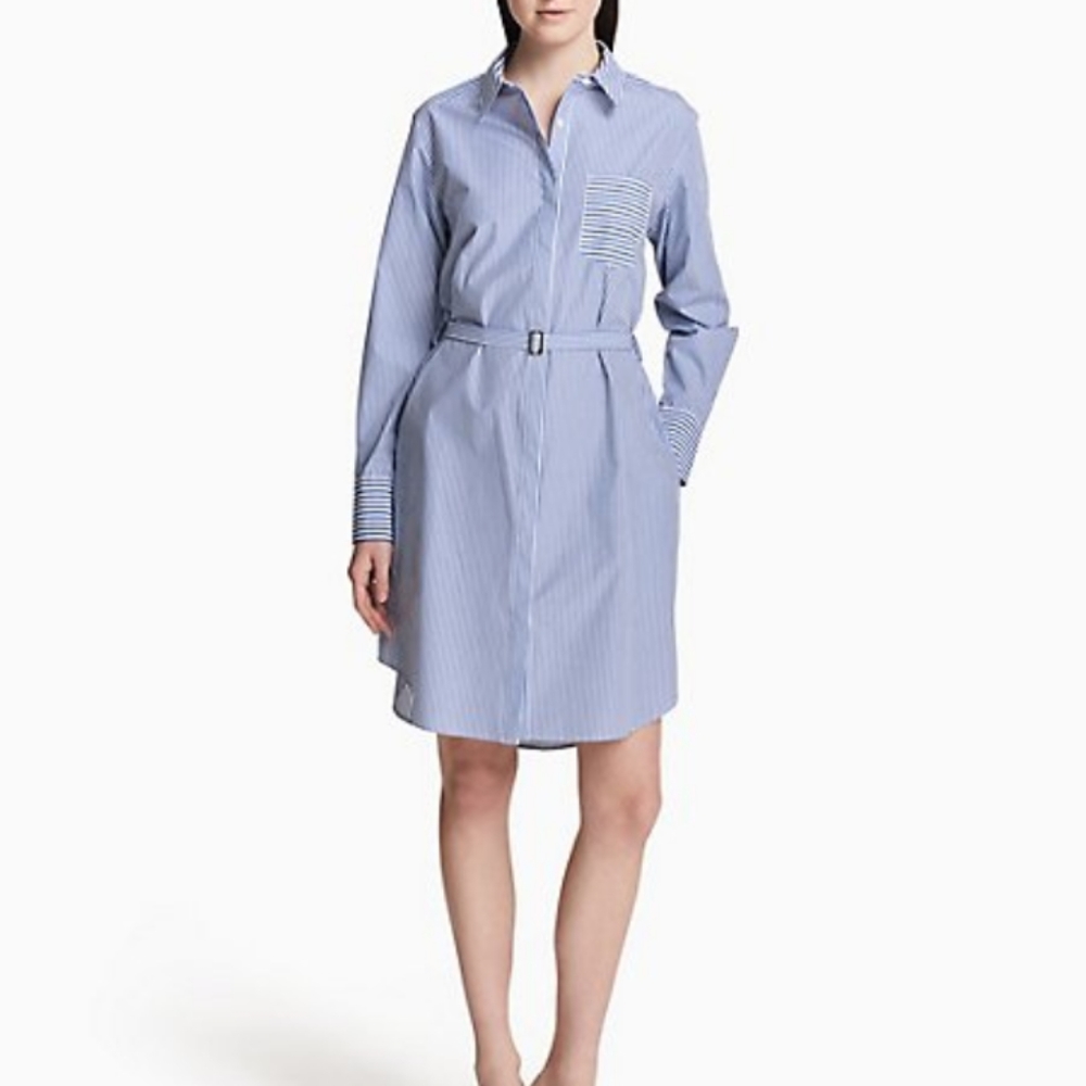 NWT Calvin Klein Blue/White Striped Cotton Belted Shirt Dress
